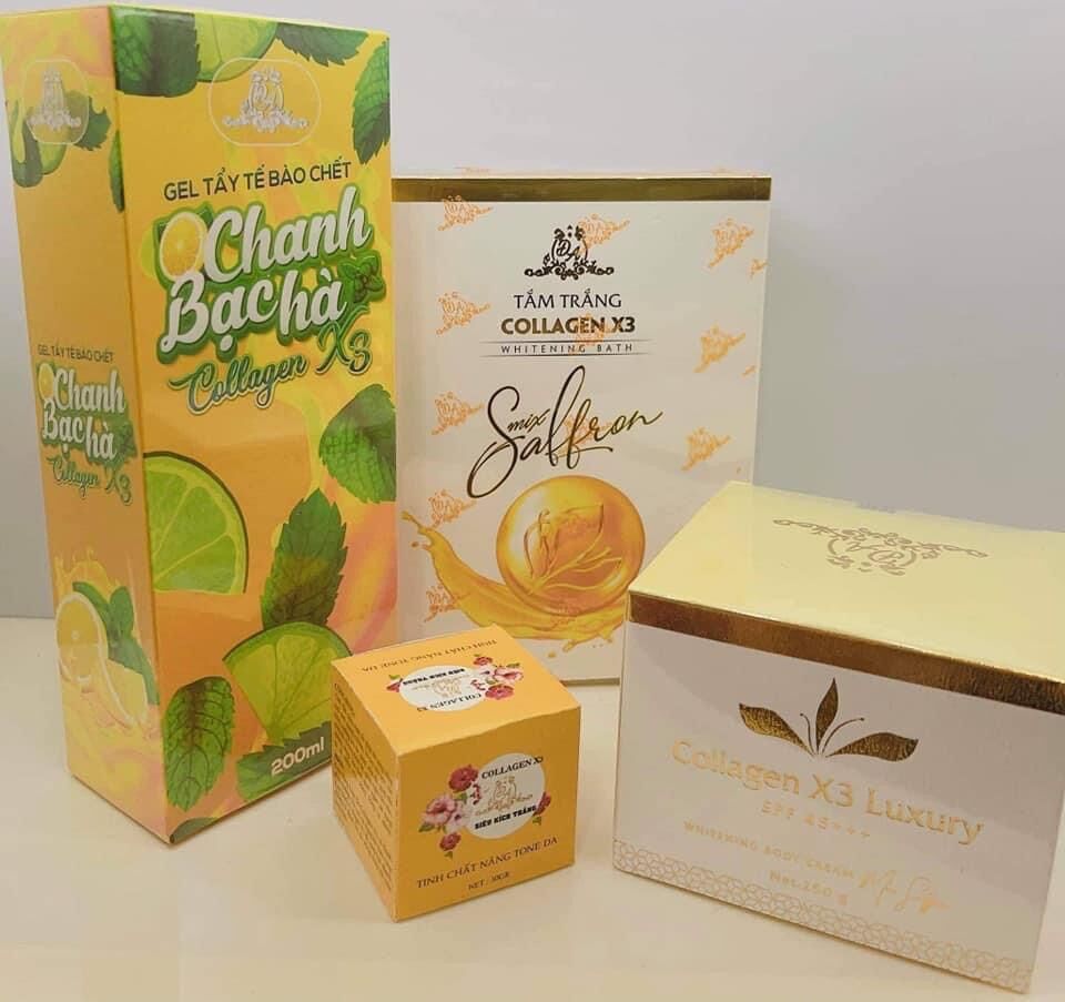 [HCM]COMBO KEM BODY X3 LUXURY + TẮM TRẮNG COLLAGEN X3 + TẨY TẾ BÀO CHẾT CHANH BẠC HÀ + KÍCH TRẮNG X3