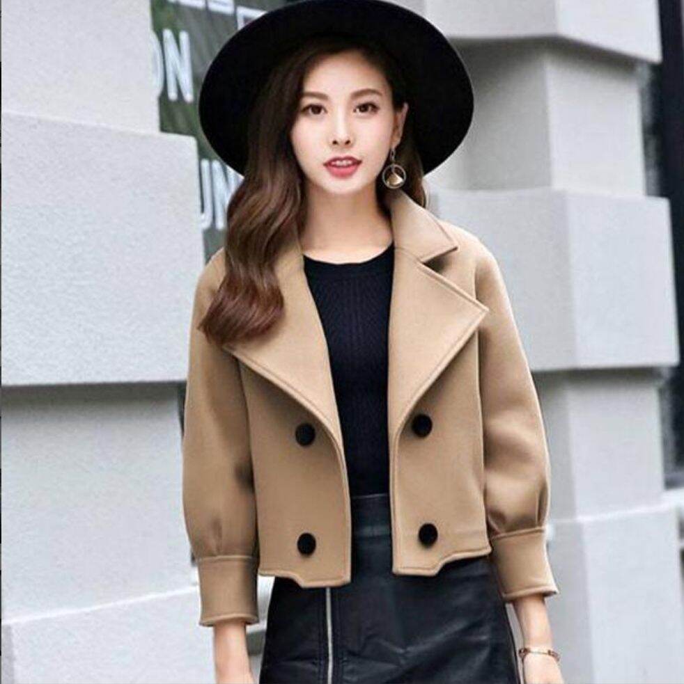 Áo khoác dạ lửng croptop 2 hàng cúc