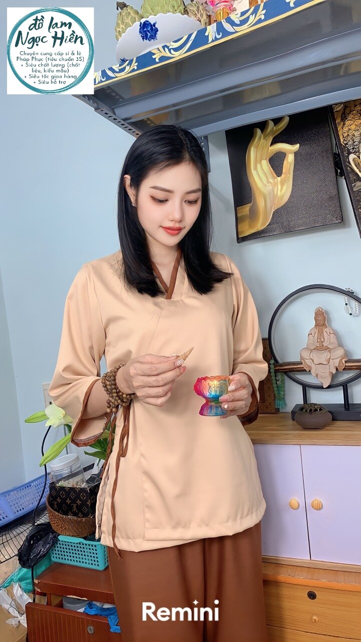 Pháp phục, đồ lam đi chùa nữ mẫu chéo hàn thắt nơ eo
