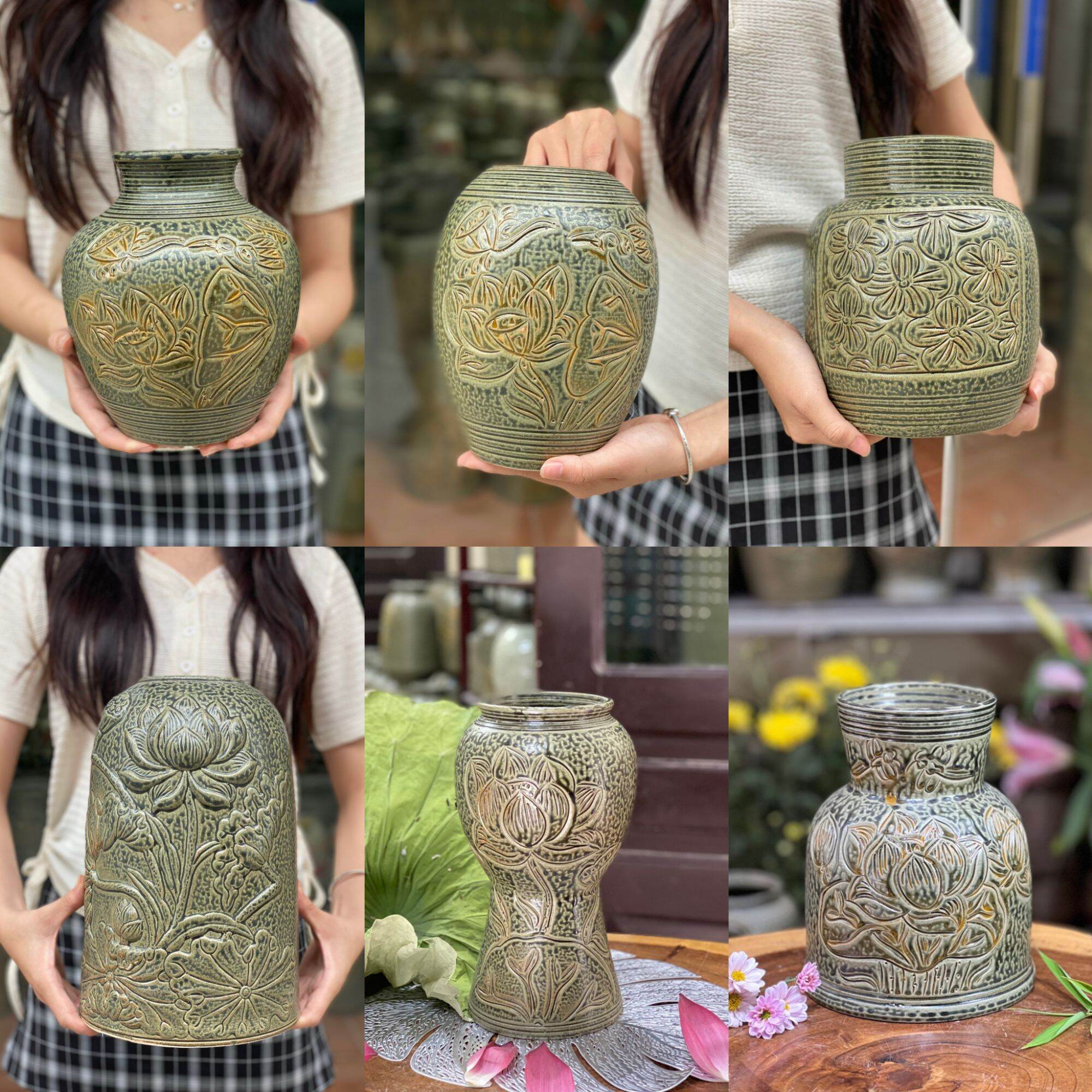 Lọ hoa Gốm mộc khắc tay  - Gốm Sứ Bát Tràng - Dùng Cho Trang Trí Nội Thất - Gốm hoa - Văn Phòng