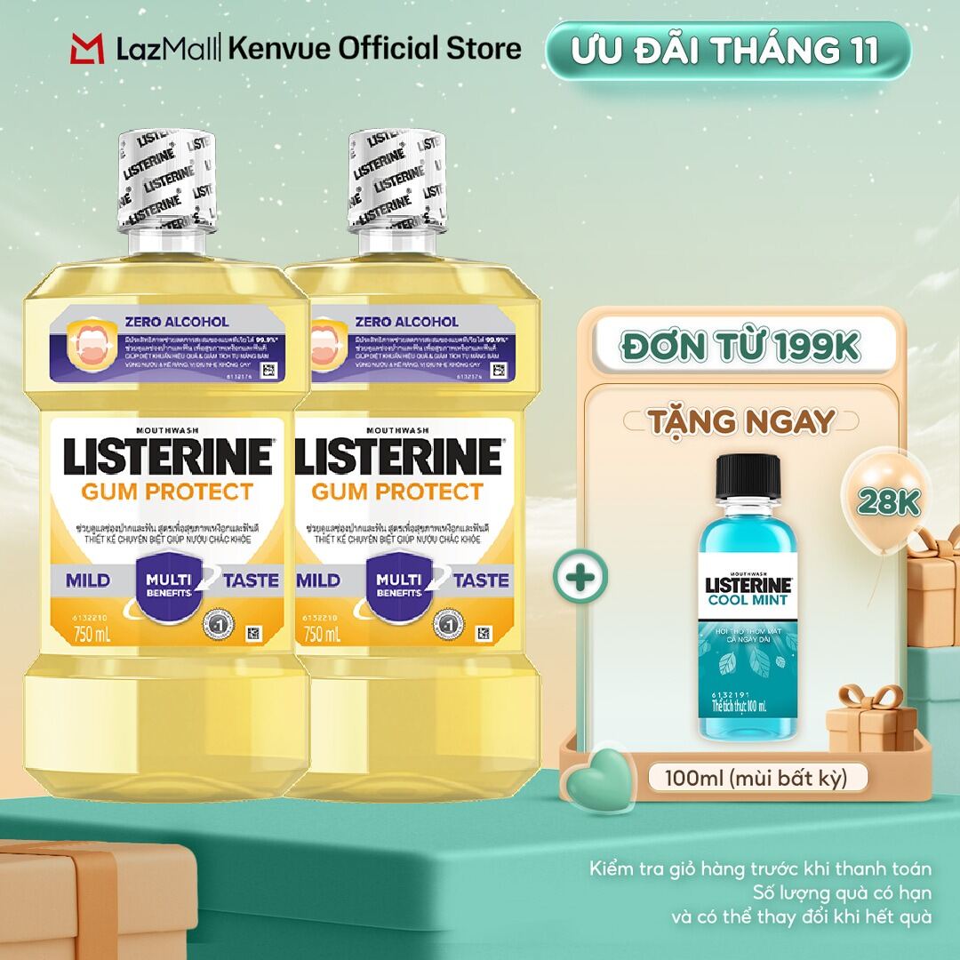Bộ 2 Nước súc miệng giúp nướu chắc khỏe Listerine Gum Protect Zero Alcohol 750ml/chai