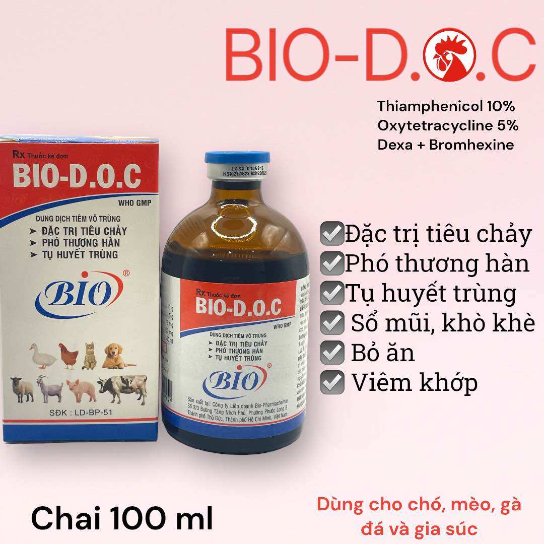 Bio D.O.C (Bio DOC) 100ml trị tiêu chảy, phó thương hàn, tụ huyết trùng, sốt bỏ ăn không rõ nguyên nhân cho gia súc, gia cầm