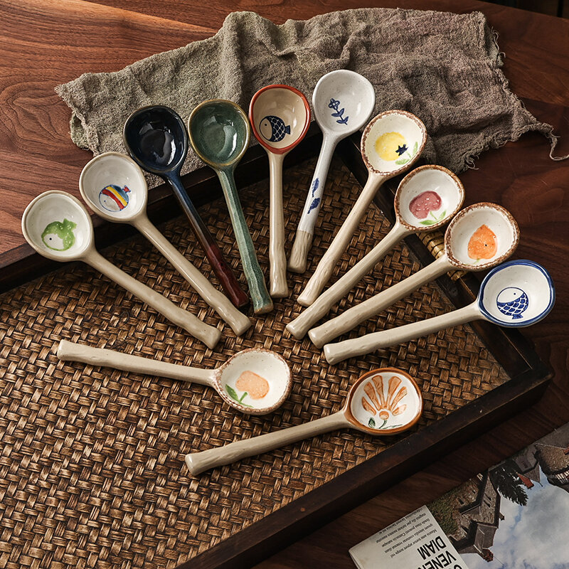 Zhenshichuang, Thìa Có Tay Cầm Dài Gốm Thô Kiểu Nhật, Thìa Gia Dụng, Thìa Nhỏ Vẽ Tay Đáng Yêu, Thìa Khuấy Sáng Tạo Giá Trị Sắc Đẹp Cao