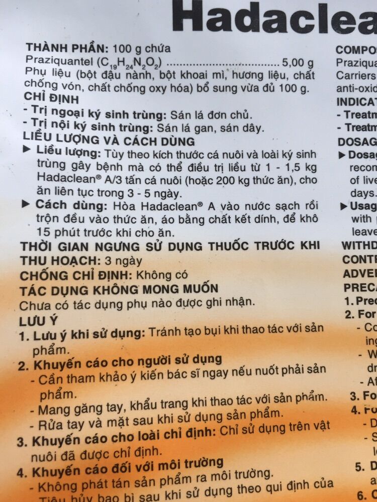 Hadaclean A( Ngoại, nội ký sinh trùng thuỷ sản)