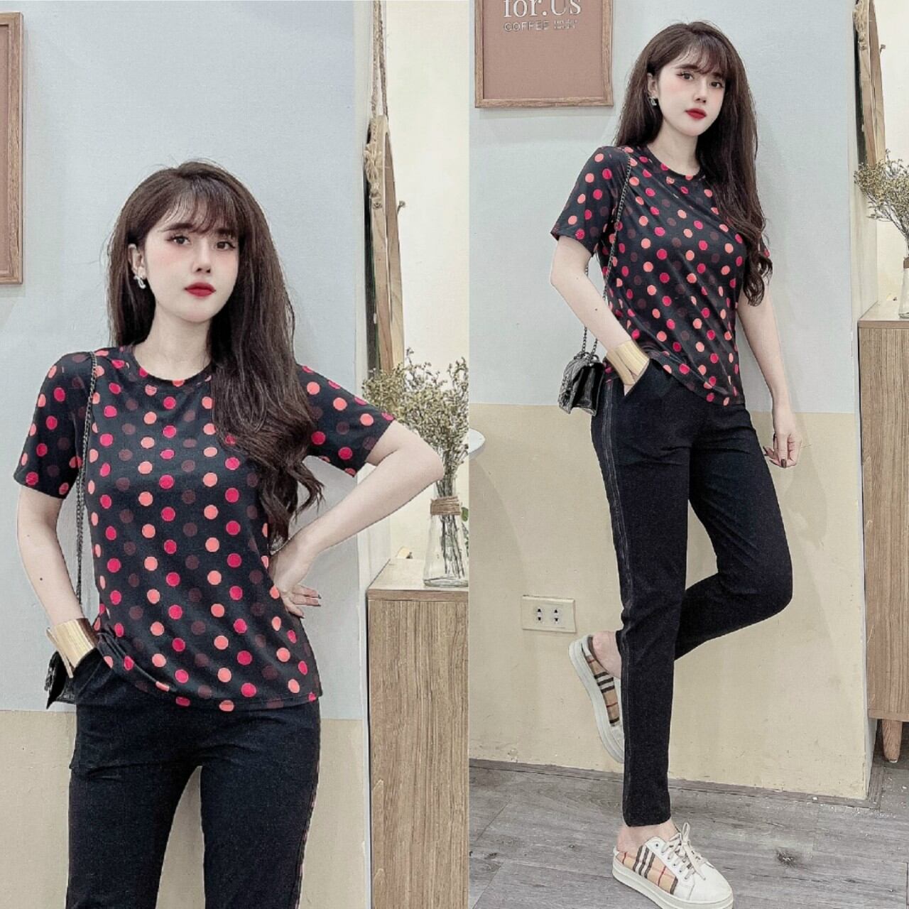 Sét đồ bộ nữ họa tiết chấm bi màu thời trang cao cấp