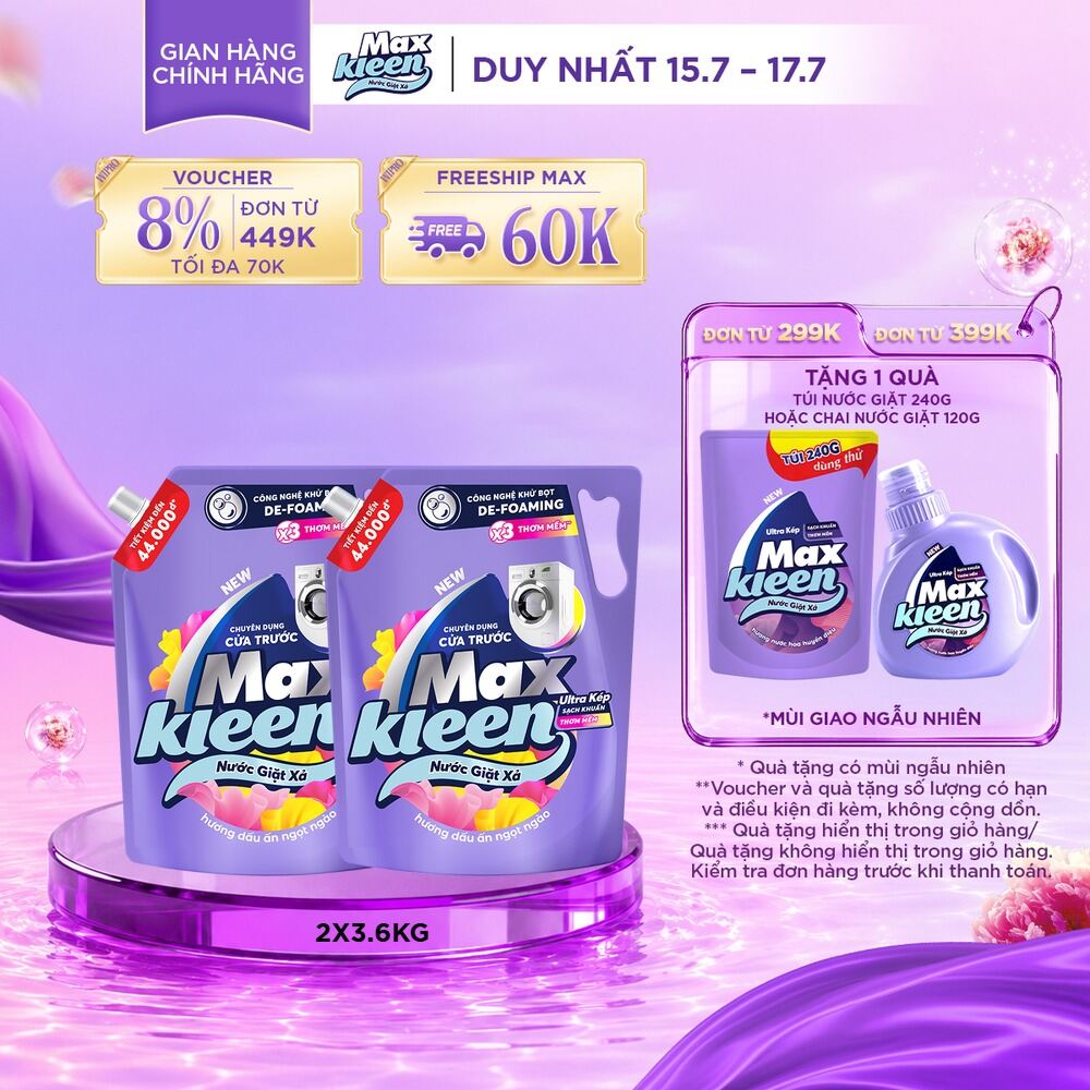 Combo 2 Nước giặt cho máy giặt cửa trước MaxKleen hương Dấu Ấn Ngọt Ngào 3.6kg