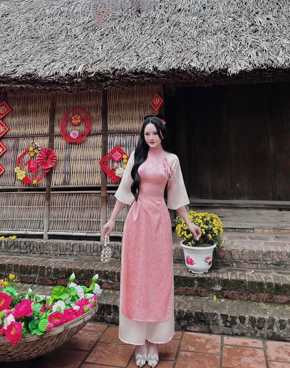 ÁO DÀI BIGSIZE GẤM HOA THẮT NƠ PHỐI QUẦN DÀI (L-2XL)