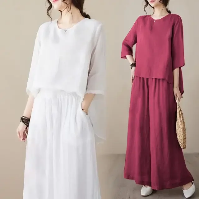 Bộ Đồ Hai Mảnh Vải Lanh Cotton Mùa Hè Dành Cho Phụ Nữ Lớn Tuổi, Thời Trang, Trang Phục Bà Ngoại, Bộ Đầm Nữ