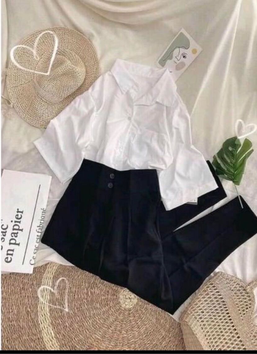 Set đi học quần tây 2 nút lưng cao