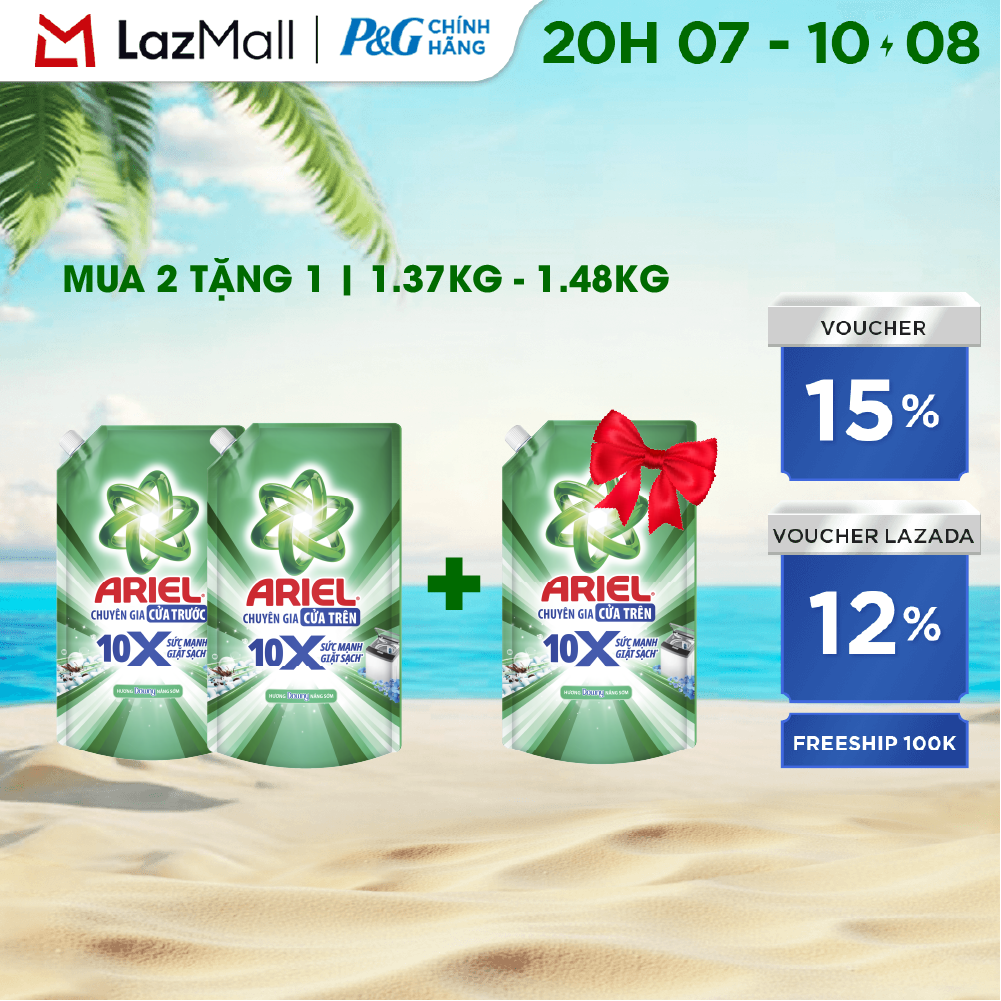 [MUA 2 TẶNG 1] Combo 3 Nước Giặt Gel ARIEL 10X Sức Mạnh Giặt Sạch Chuyên Gia Cửa Trước-Cửa Trên Hương Downy Nắng Sớm Túi1.37KG/1.48KG