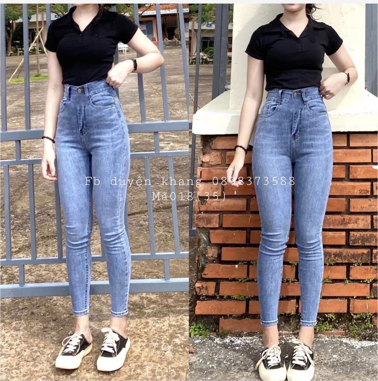 Set jeans dài lưng cao trơn + crop petter đen