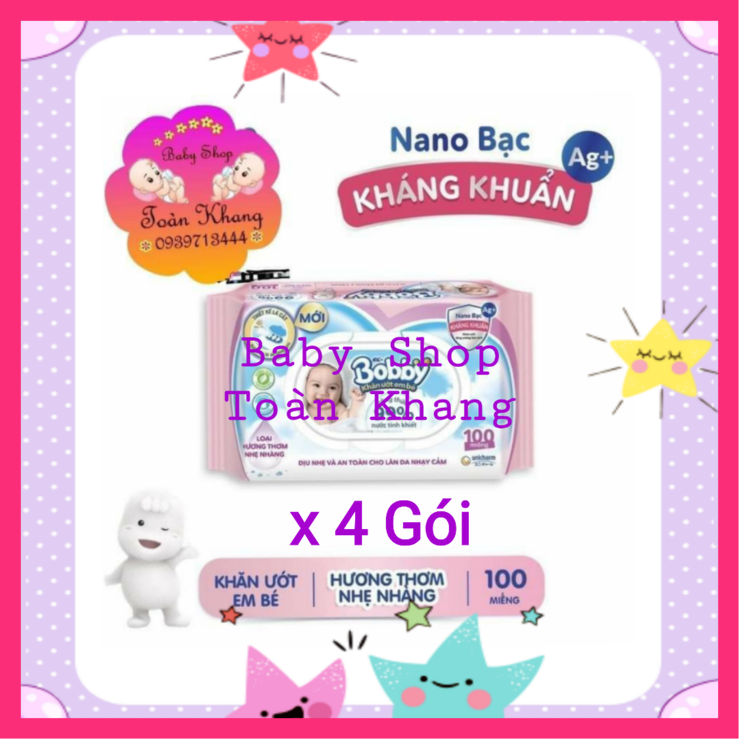 COMBO 4 KHĂN ƯỚT BOBBY CÓ MÙI HƯƠNG 100 TỜ MÀU HỒNG