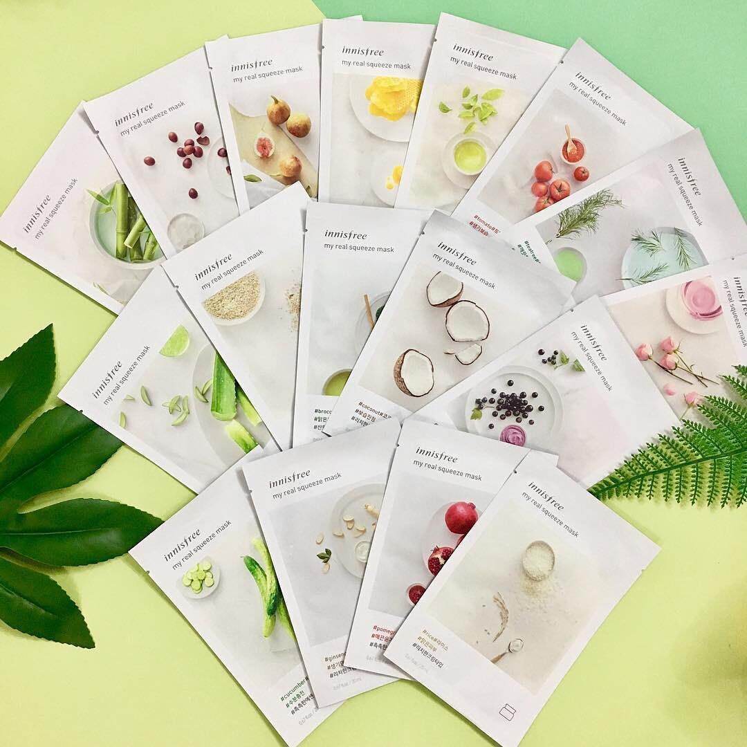 Mặt nạ cấp ẩm Innisfree My Real Squeeze Mask có 3 kết cấu khác nhau với tổng số 18 phiên bản Mặt nạ cấp ẩm Innisfree My Real Squeeze Mask có 3 kết cấu khác nhau với tổng số 18 phiên bản