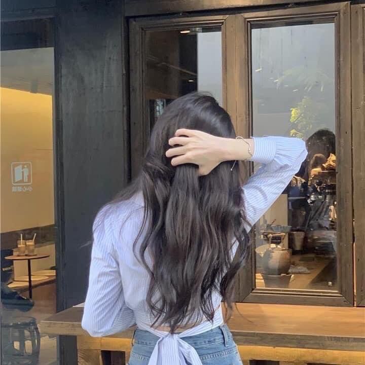 Áo croptop sơ mi ket sọc thắt nơ sau