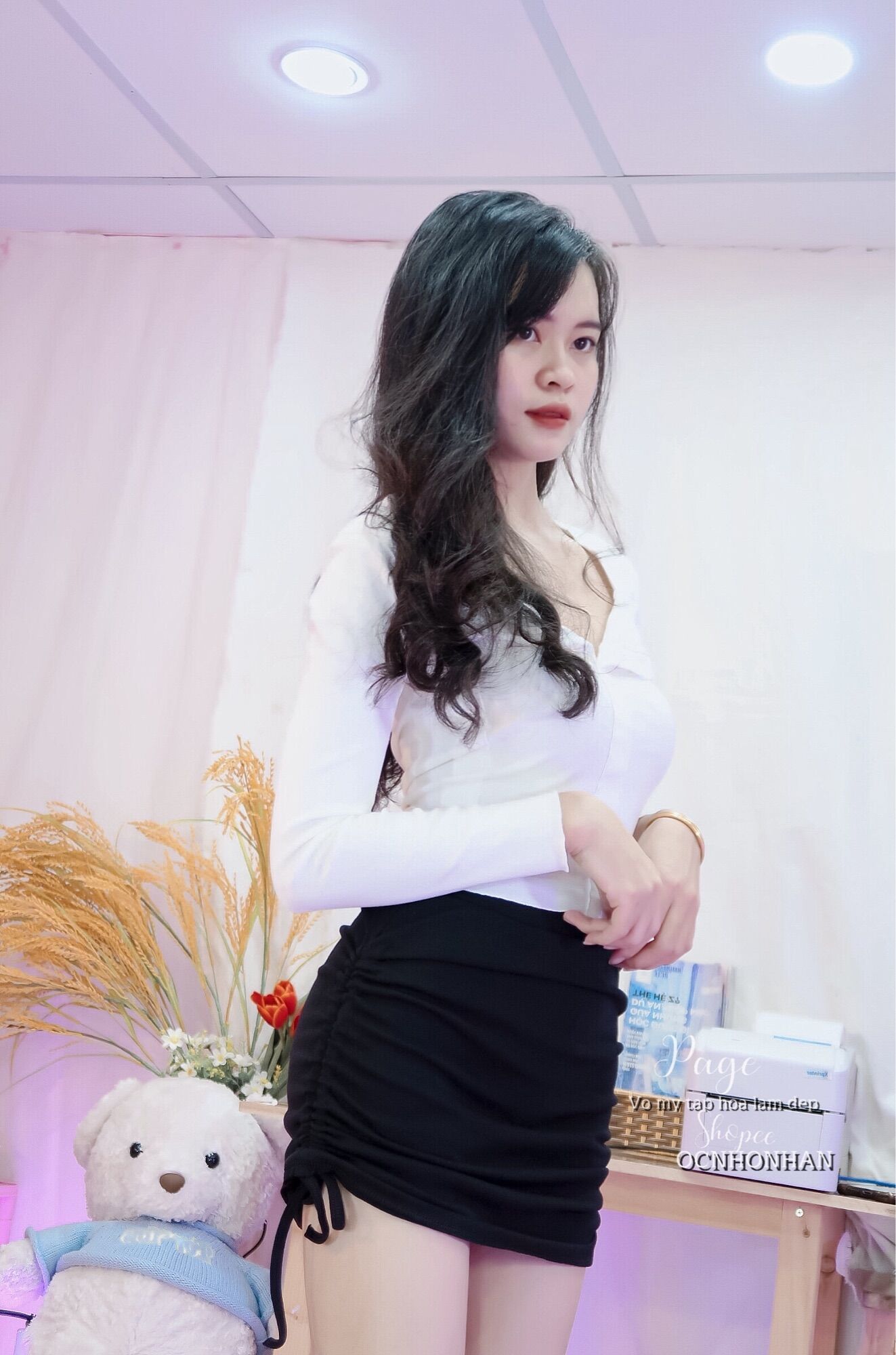 Set áo tay dài nút phối chân váy rút dây