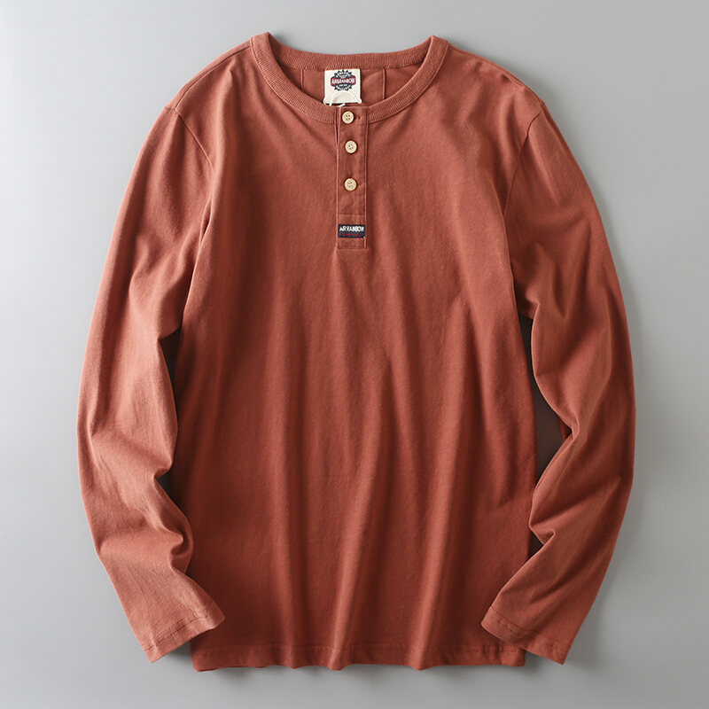 Áo Phông Nam Phong Cách Nhật Bản Đơn Giản Cắt Mác Hàng Xuất Dư Bò Hàng Xuất Dư Áo Mặc Trong Dài Tay Cổ Tròn Cotton Cổ Henly Mềm Mại