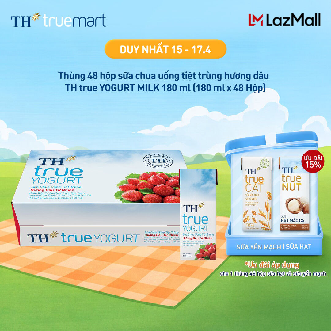 Thùng 48 hộp sữa chua uống tiệt trùng TH true YOGURT hương dâu tự nhiên 180 ml (180 ml x48)