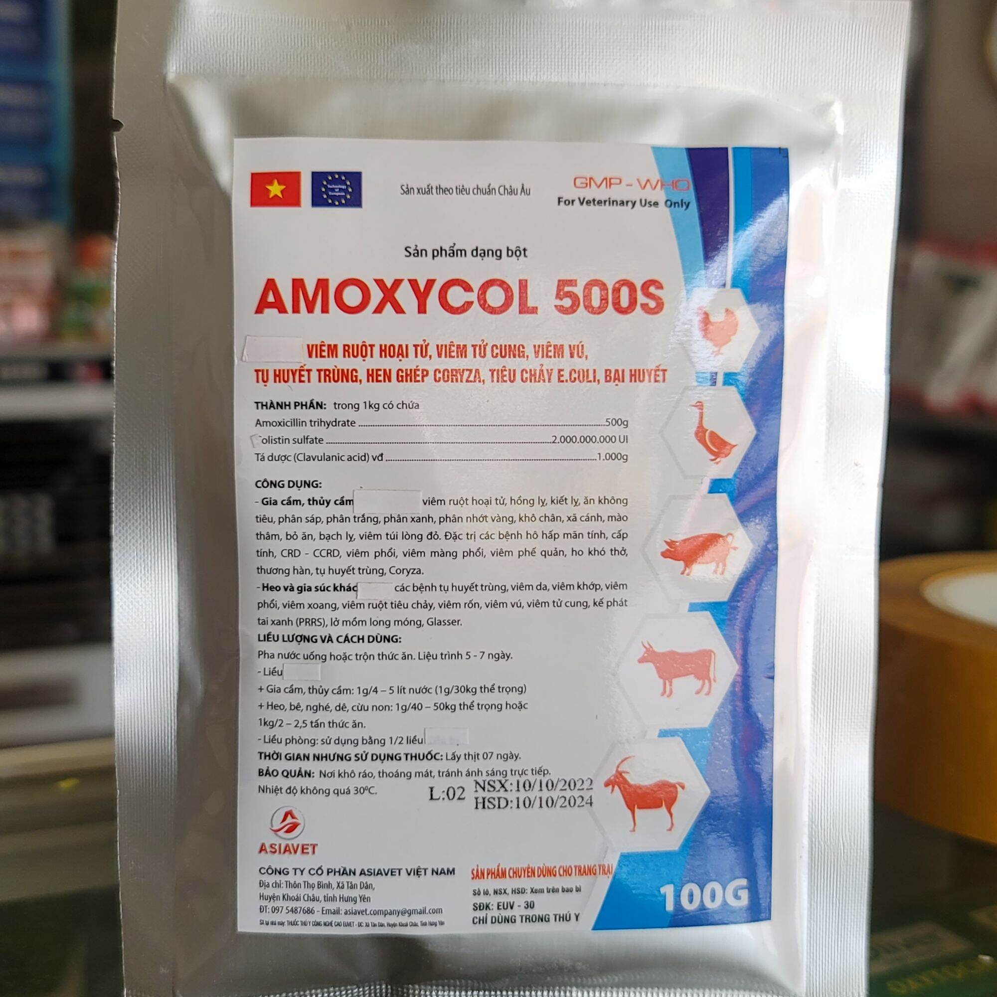 Gói Amox Amoxycol 500S chuyên viêm ruột hoại tử, ecoli, bại huyết, tụ huyết trùng, thương hàn, tiêu 