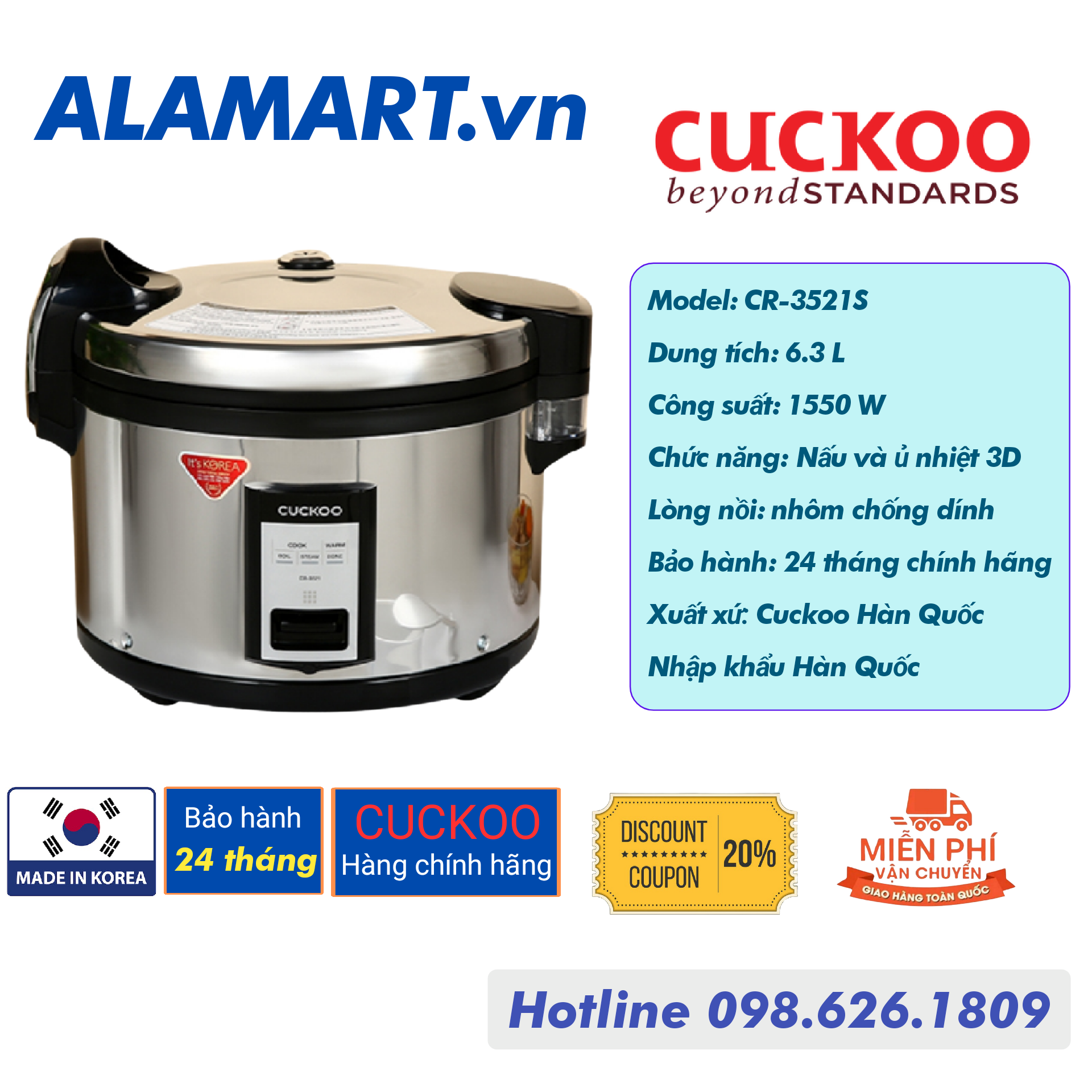 NỒI CƠM ĐIỆN CƠ 63L INOX CUCKOO CR-3521S