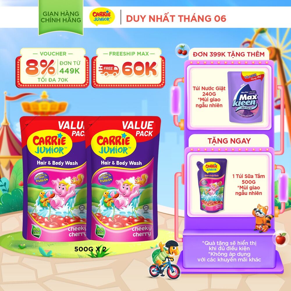 Combo 2 Túi Sữa Tắm Gội Carrie Junior Cho Bé chiết xuất trái cây thiên nhiên Hương Cheeky Cherry 500G