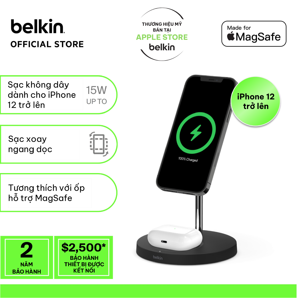 Đế sạc không dây Magsafe 2 trong 1 BOOST↑CHARGE Belkin 15W, kèm sạc WIZ010 (tương thích iPhone 15)