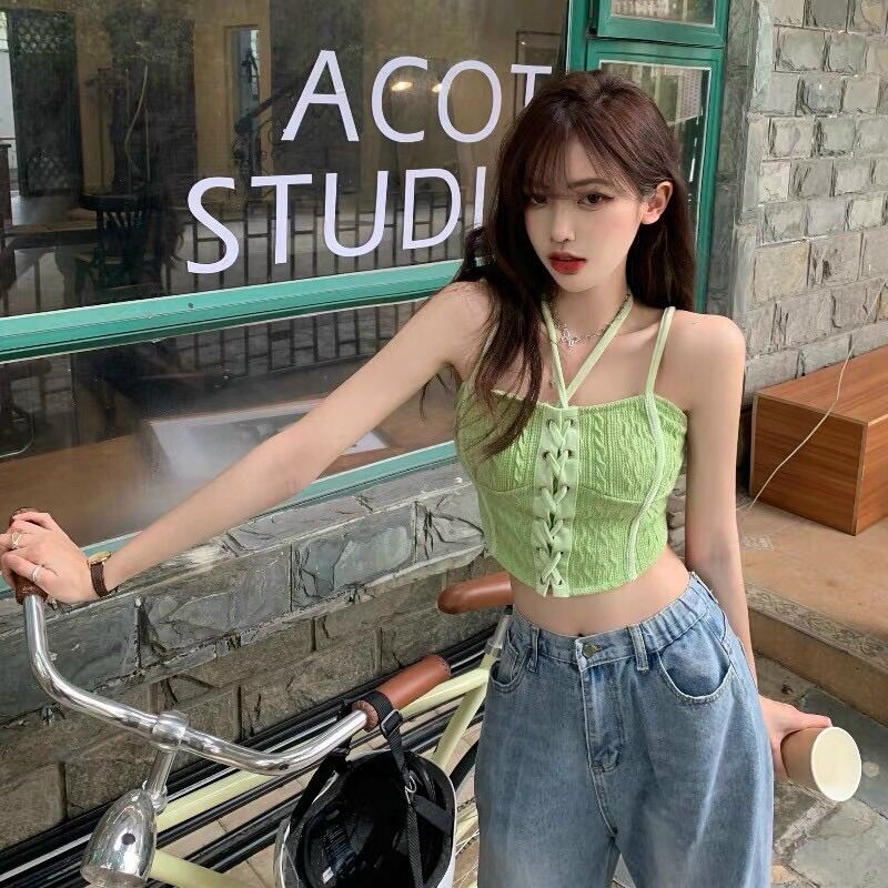 Áo 2 dây nữ dây đan trước ngực độc lạ chất len QC