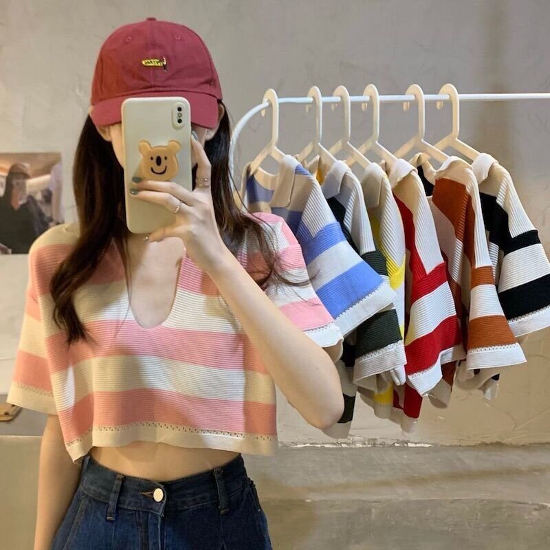Áo len cộc tay crotop cổ bẻ sọc ngang