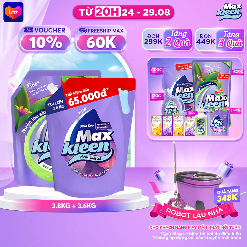 Combo túi nước lau sàn maxkleen 3.6kg ban mai thanh mát + túi nước giặt xả maxkleen 3.6kg/3.8kg