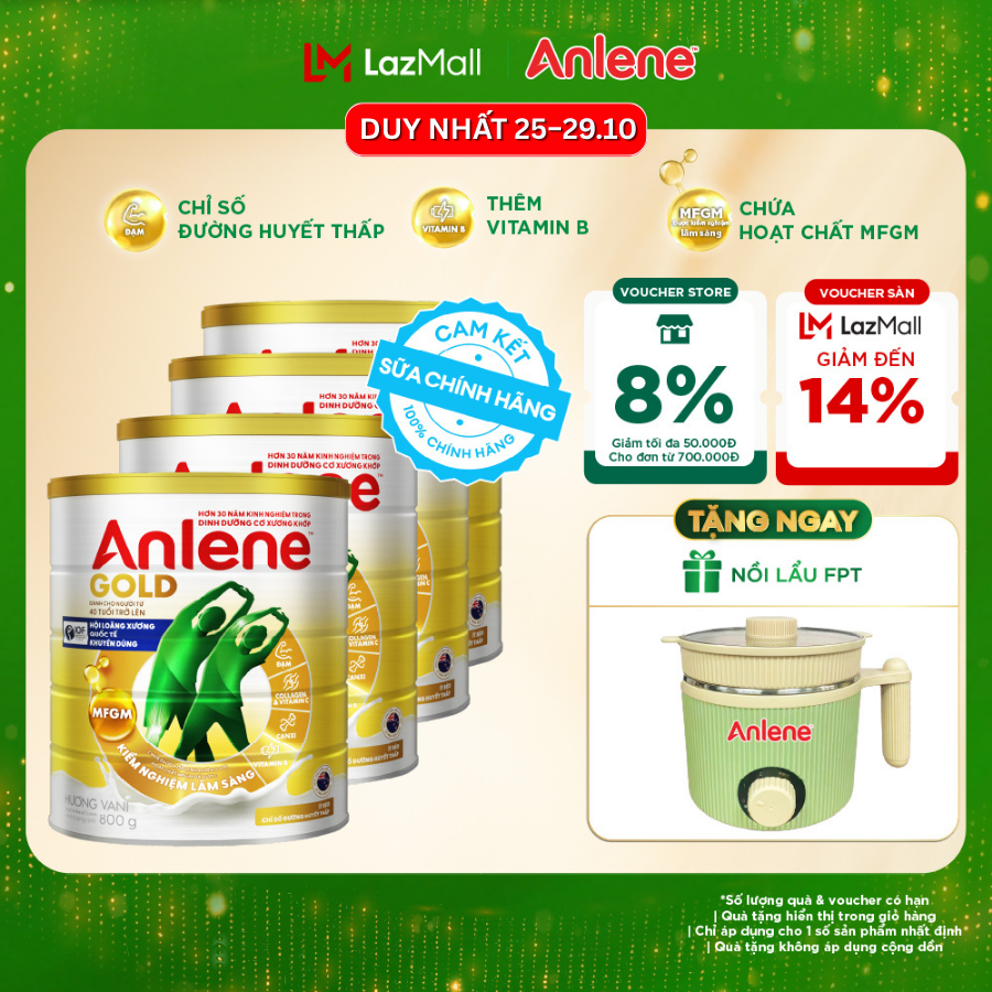 [Voucher giảm đến 26%]Combo 4 Sữa Bột Anlene Gold Hương Vani 800G