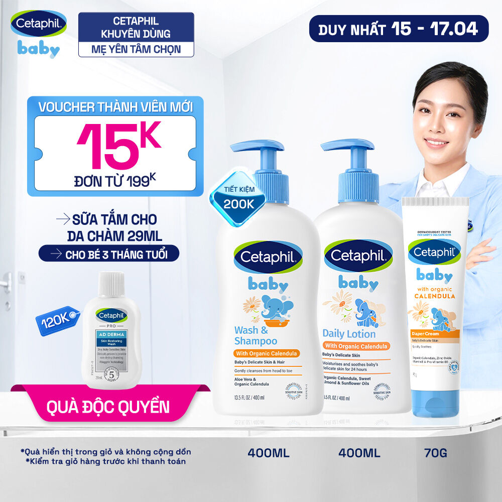 Bộ Sữa tắm gội 400ML + Sữa dưỡng ẩm 400ML + Kem chống hăm tã 70G CETAPHIL BABY WITH ORGANIC CALENDULA
