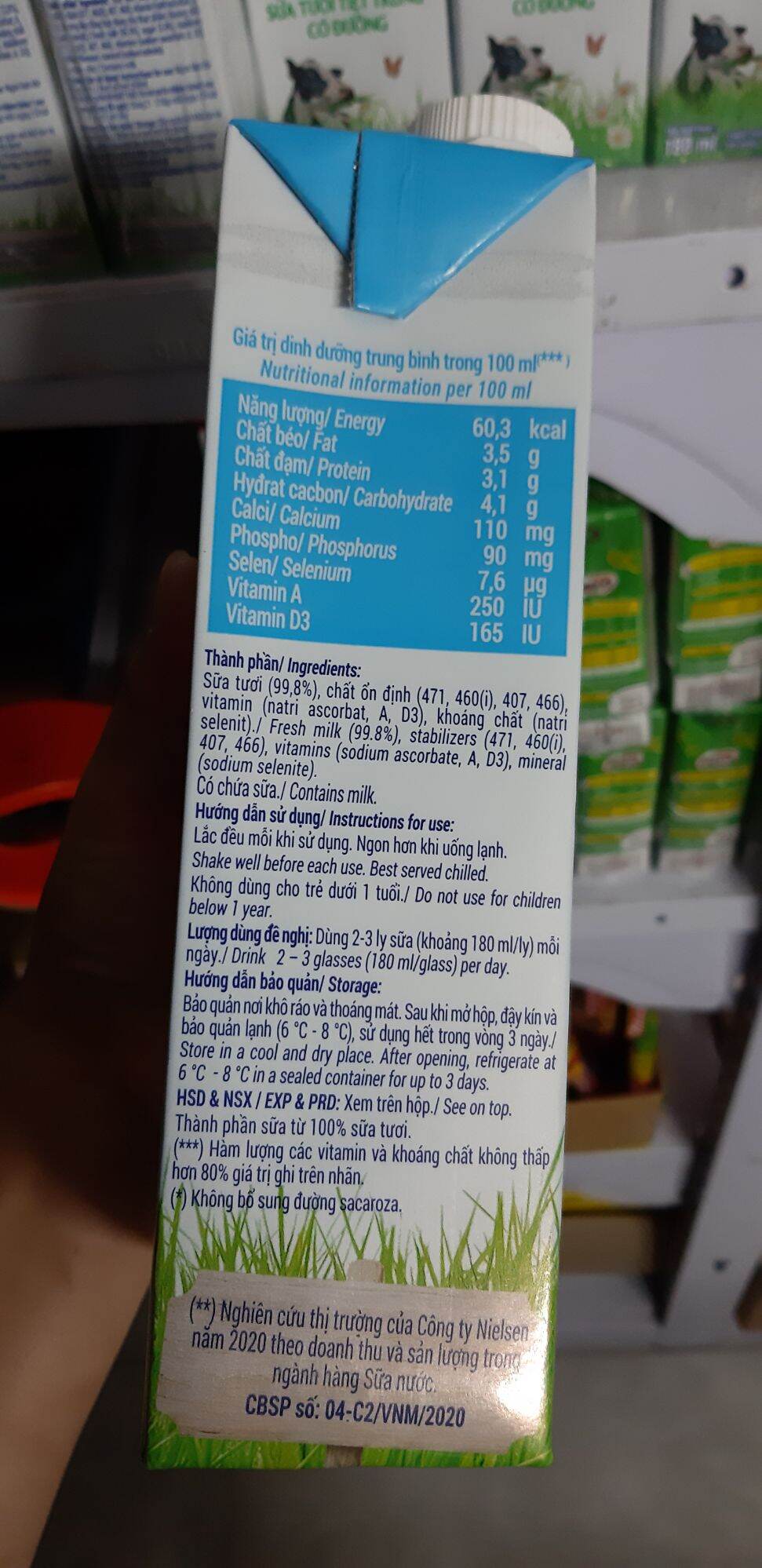 sữa tươi vinamil không đường 1 lít