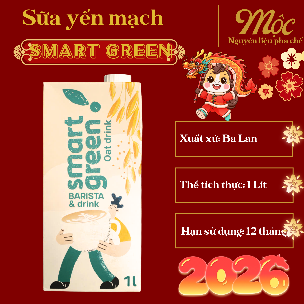 Sữa Yến Mạch SMART GREEN Hộp 1 Lít | Sữa Thực Vật Pha Trà Sữa, Cà Phê, Matcha