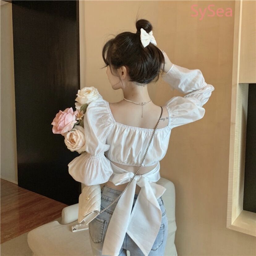 Áo croptop trễ vai tay dài nơ lưng cột nhiều kiểu chất voan mịn xinh tôn dáng- Mặc 2 kiểu 236 FIORI STORE