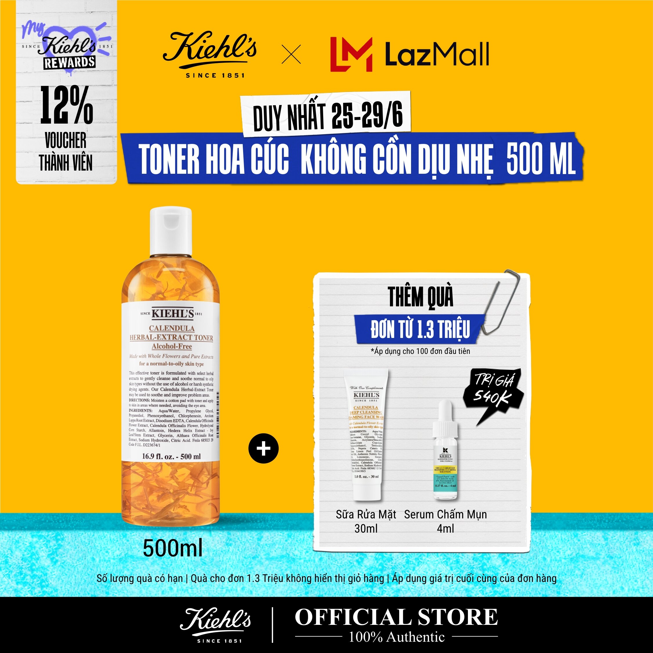 [TẶNG QUÀ ĐƠN 1.3 TRIỆU] Nước cân bằng Hoa Cúc Kiehl's Calendula Herbal Extract Alcohol-Free Toner 500ML