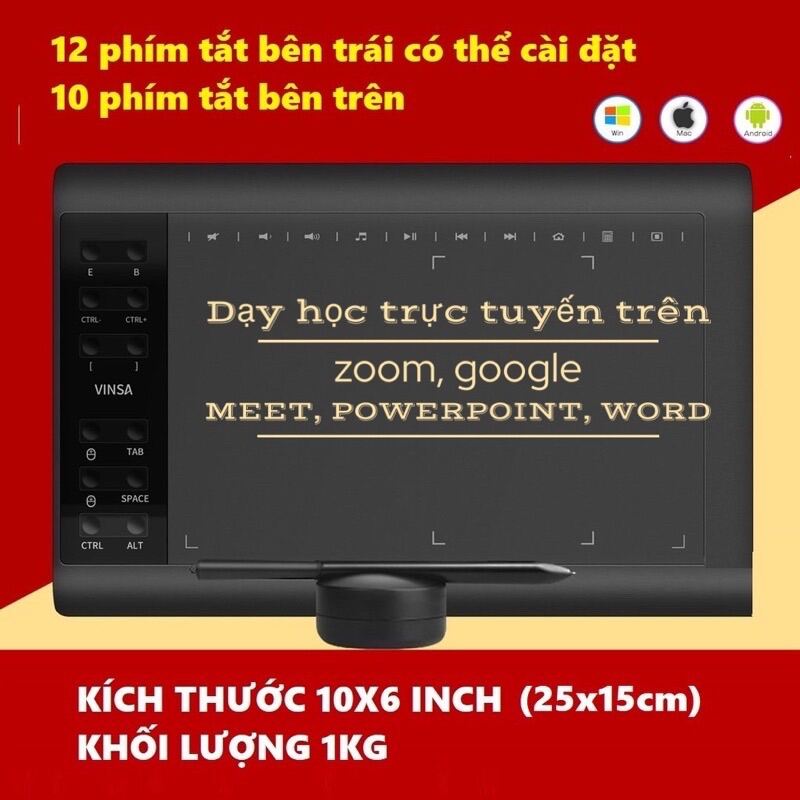 Bảng giá Bảng vẽ điện tử Vinsa 1060 kèm  bút  tương thích Window và Android - Phiên bản nâng cấp của Gaomon 1060 Phong Vũ