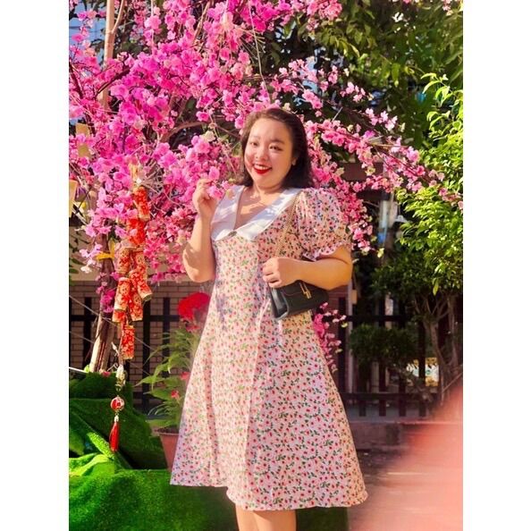 [Shop bigsize nữ 60kg-90kg] Đầm hoa cổ sen dáng chữ A