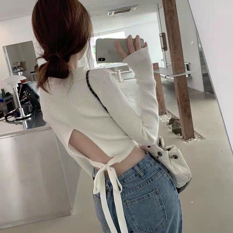 Áo Croptop Cổ Bẻ Tay Dài Thắt Nơ Sau
