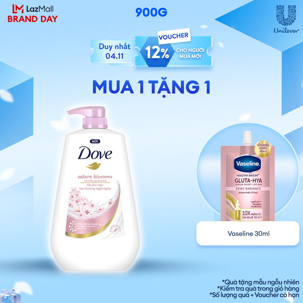 Sữa tắm dưỡng thể Dove Sakura Blossoms Da mềm mịn hương hoa với hương hoa anh đào & muối hồng 900g