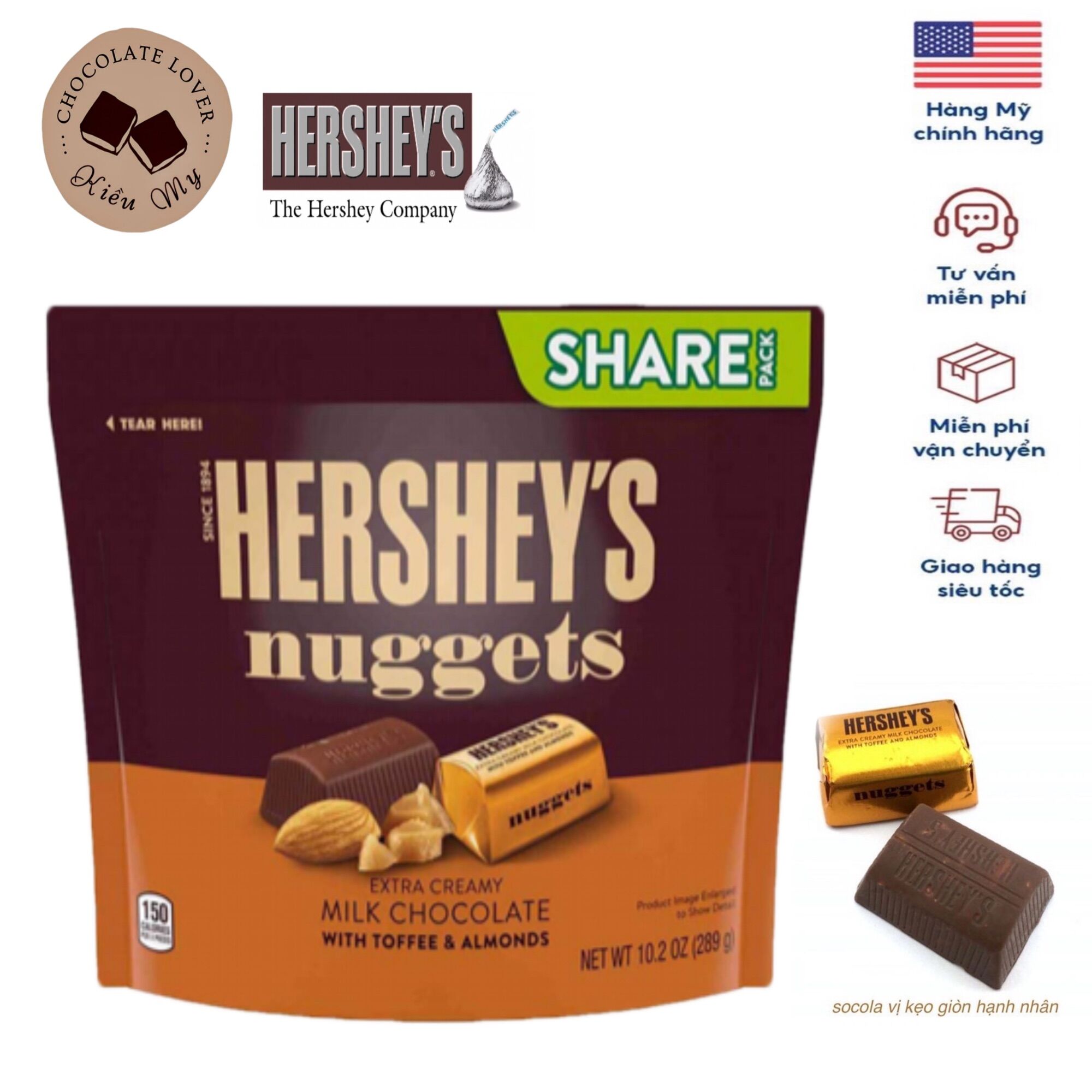 Kẹo Socola Mỹ Hershey nuggest nhân caramel và hạnh nhân 300g