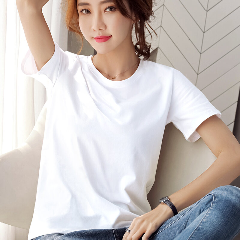 Áo Thun Cotton Trắng Tay Ngắn Dáng Rộng Cổ Tròn Thường Ngày Mùa Hè Cho Nữ Áo Thun Tay Lửng Màu Trơn 