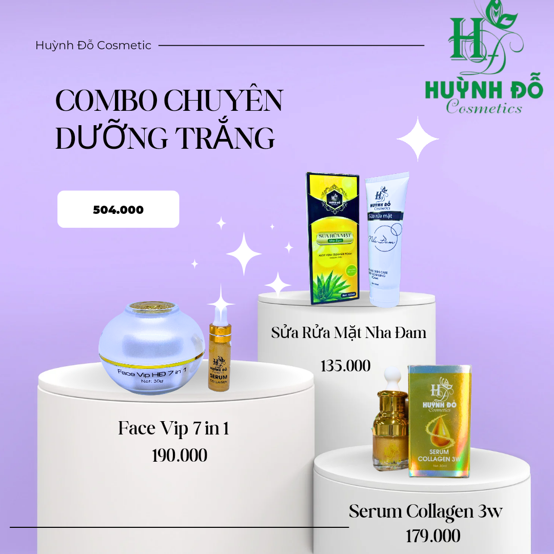 Combo dưỡng trắng da kem face vip 7in1 Huỳnh Đỗ, serum collagen 3w