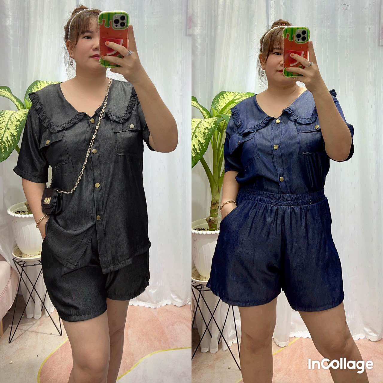 Bộ jean lụa mềm cổ bèo nút bấm bigsize nữ từ 68kg đến 95kg