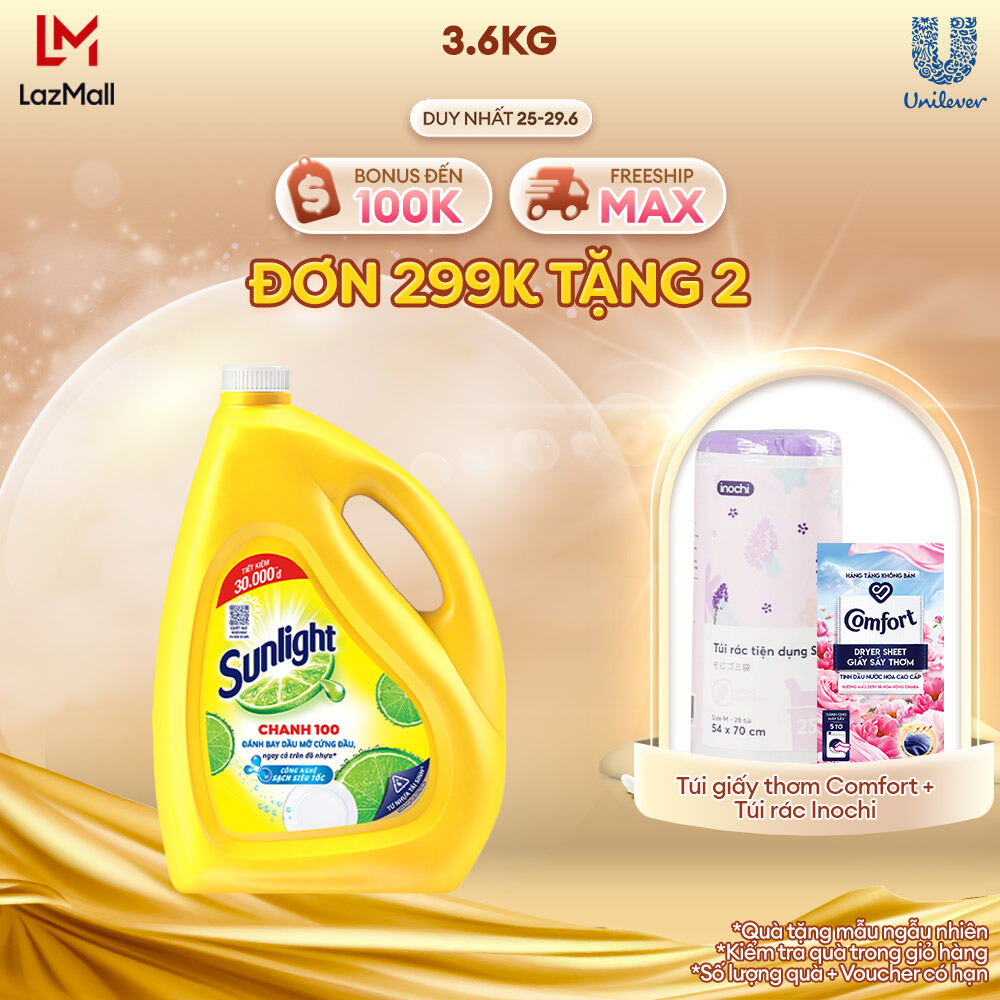 Nước rửa chén Sunlight Chanh mới sạch nhanh xả bọt nhanh chai 3.6kg