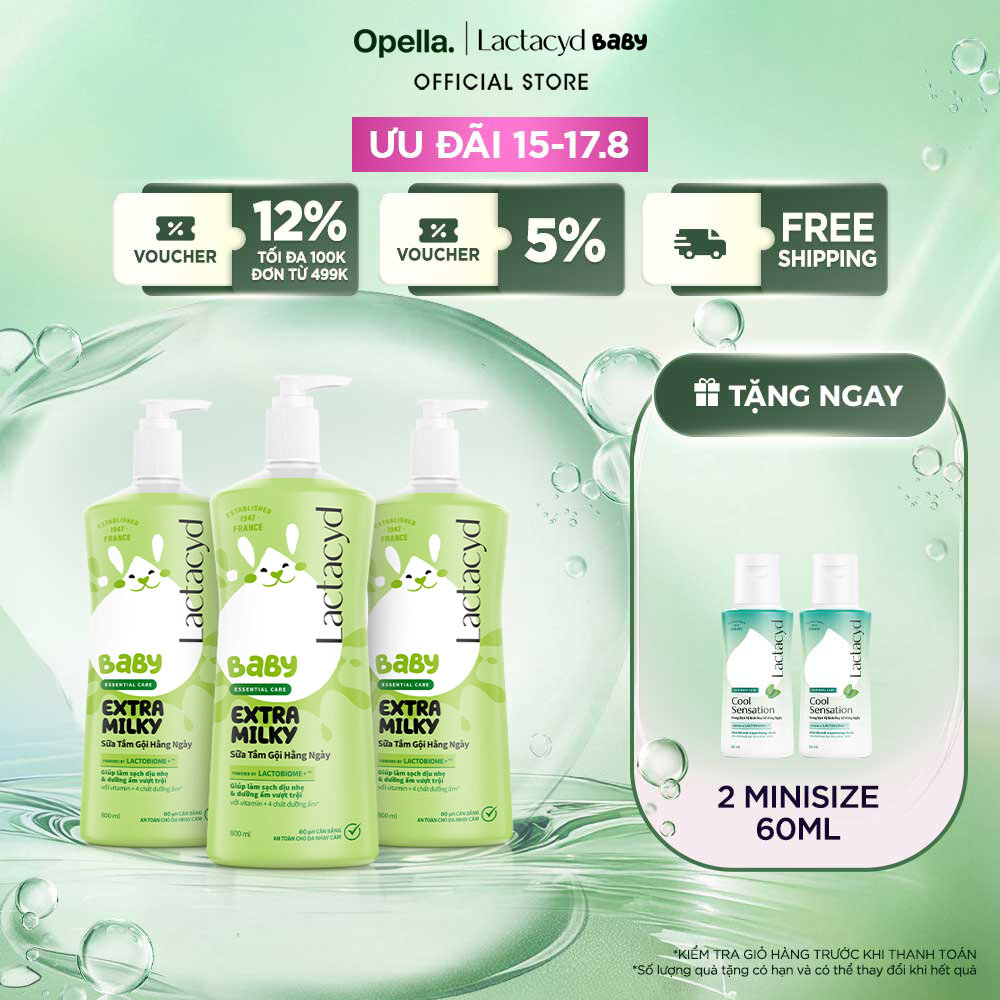 Bộ 3 Chai Sữa Tắm Gội Trẻ Em Lactacyd Baby Extra Milky Làm Sạch Dịu Nhẹ và Dưỡng Ẩm Vượt Trội Size Jumbo 800ml