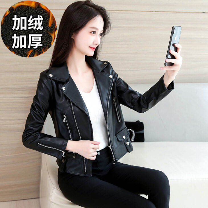 Áo Da Áo Khoác Nữ Áo Jacket Da Xe Máy Cỡ Lớn Màu Đen Tôn Dáng Gầy Ôm Dáng Phong Cách Hàn Quốc Mẫu Mới Xuân Thu Năm 2022 Mẫu Ngắn Cho Nữ