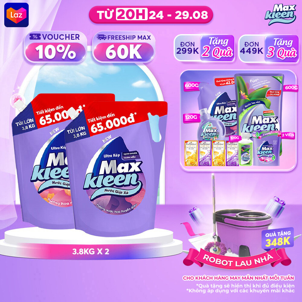 Combo Túi Nước Giặt Xả MaxKleen Hương Huyền Diệu Túi 3.8kg + Hương Hoa Nắng 3.8kg