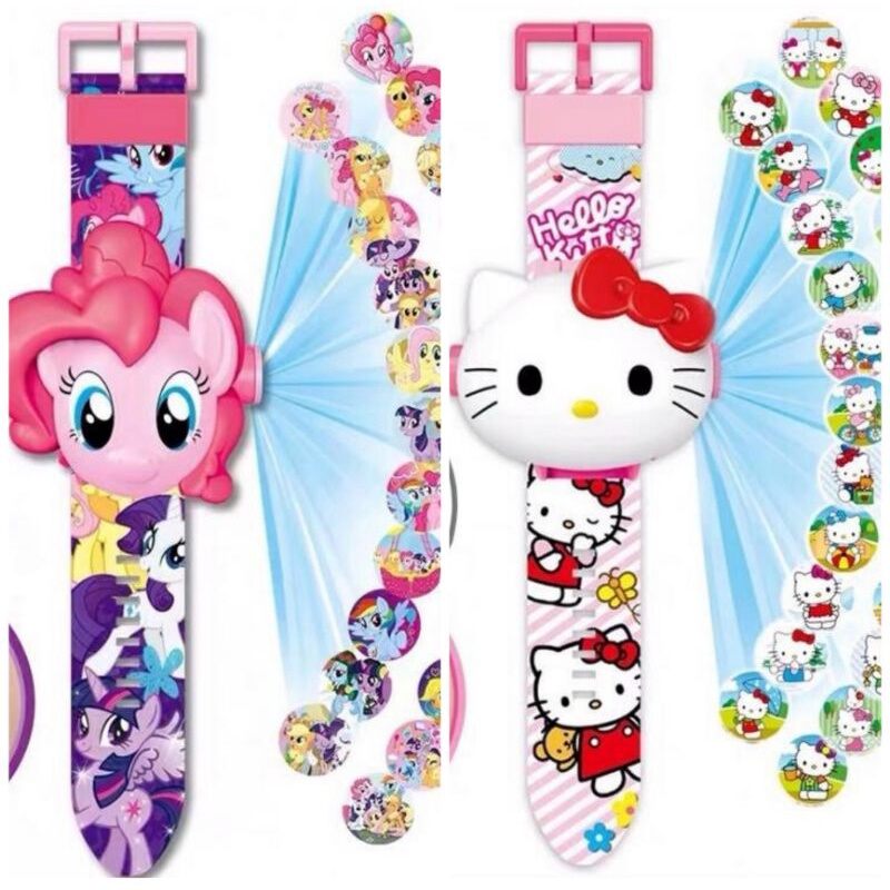 Đồ chơi Đồng hồ điện tử cho bé gái chiếu hình ngựa Little pony mèo Kitty đồng hồ Pony đồng hồ Kitty chiếu sáng tập xem giờ cho bé
