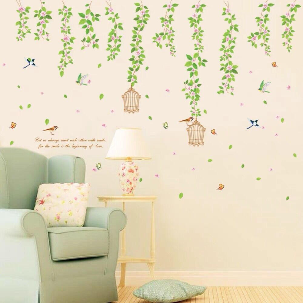 Tranh dán tường, Decal dán tường dây hoa và lồng chim