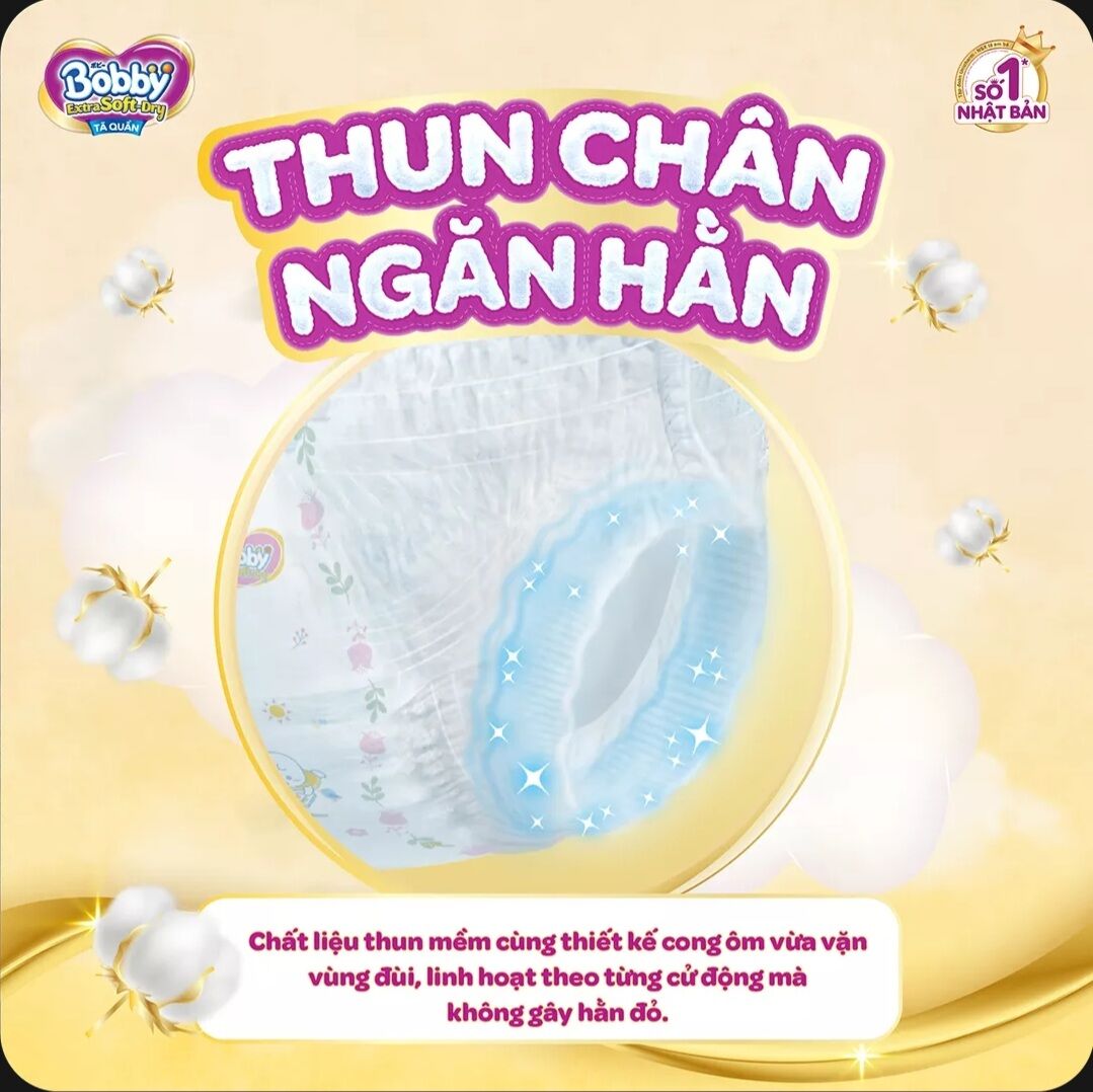 Tã quần Bobby Extra soft cao cấp L52+2 Thun chân ngăn hằn