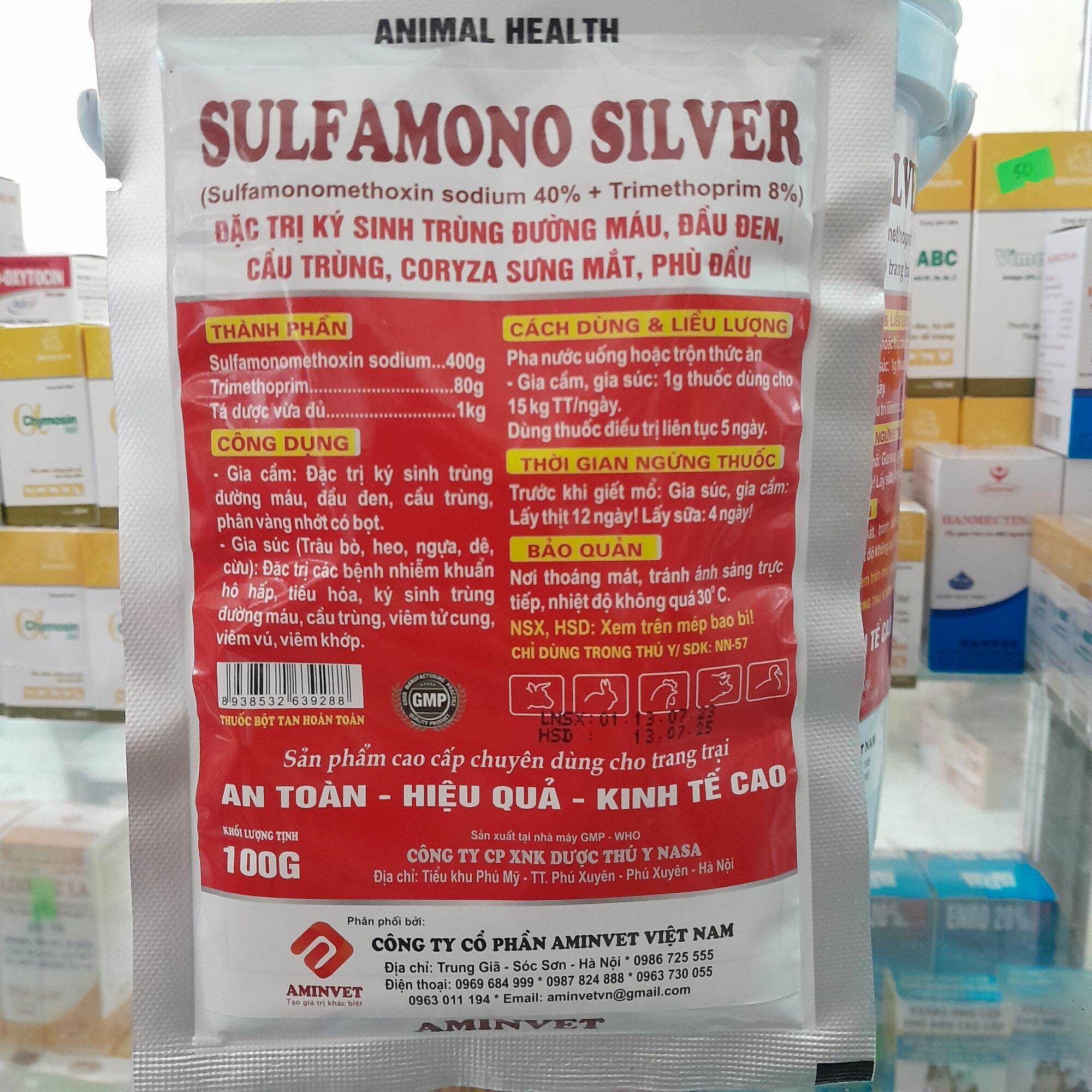 Sulfamono 100g ký sinh trùng máu, bệnh đầu đen gà, vịt, ngan...